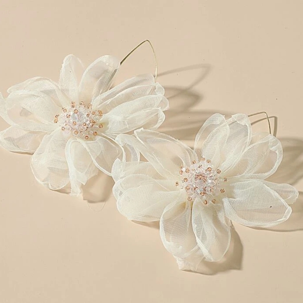 One left: "Magnolia" Beaded Cream Detail Flower Design Earrings - Picture 3 of 4